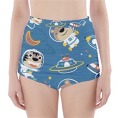 Seamless-pattern-funny-astronaut-outer-space-transportation High-waisted Bikini Bottoms by Simbadda