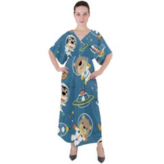 Seamless-pattern-funny-astronaut-outer-space-transportation V-neck Boho Style Maxi Dress by Simbadda
