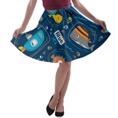 Seamless Pattern Vector Submarine With Sea Animals Cartoon A-line Skater Skirt by Simbadda