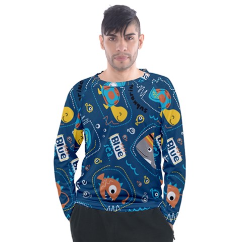 Seamless Pattern Vector Submarine With Sea Animals Cartoon Men s Long Sleeve Raglan Tee by Simbadda