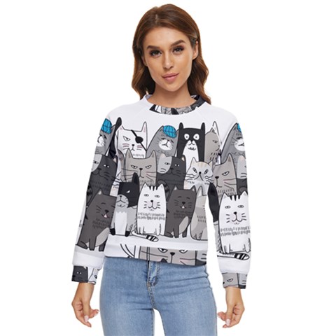 Cute Cat Hand Drawn Cartoon Style Women s Long Sleeve Raglan Tee by Simbadda