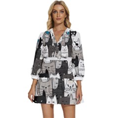 Cute Cat Hand Drawn Cartoon Style V-neck Placket Mini Dress by Simbadda
