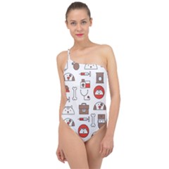 Vector Thin Line Art Vet Seamless Pattern Classic One Shoulder Swimsuit by Simbadda