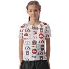 Vector Thin Line Art Vet Seamless Pattern Kids  Frill Chiffon Blouse by Simbadda