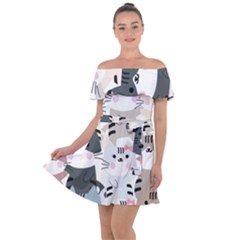 Cute Cat Couple Seamless Pattern Cartoon Off Shoulder Velour Dress by Simbadda