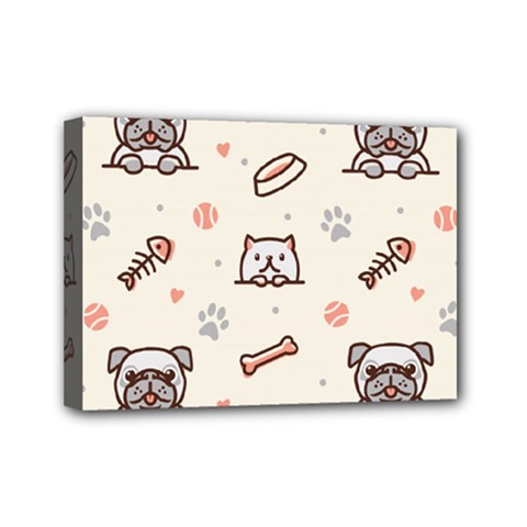 Pug-dog-cat-with-bone-fish-bones-paw-prints-ball-seamless-pattern-vector-background Mini Canvas 7  X 5  (stretched) by Simbadda