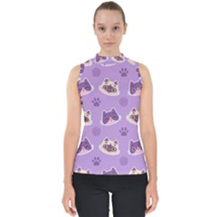 Cute-colorful-cat-kitten-with-paw-yarn-ball-seamless-pattern Mock Neck Shell Top by Simbadda