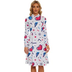 Hearts-seamless-pattern-memphis-style Long Sleeve Shirt Collar A-line Dress by Simbadda