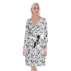 Seamless-pattern-with-black-white-doodle-dogs Long Sleeve Velvet Front Wrap Dress by Simbadda