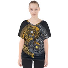 Yin-yang-owl-doodle-ornament-illustration V-neck Dolman Drape Top by Simbadda