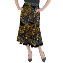 Yin-yang-owl-doodle-ornament-illustration Midi Mermaid Skirt by Simbadda