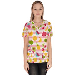 Tropical-fruits-berries-seamless-pattern Women s V-neck Scrub Top by Simbadda