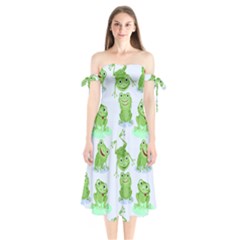 Cute-green-frogs-seamless-pattern Shoulder Tie Bardot Midi Dress by Simbadda