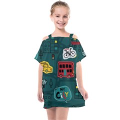 Seamless-pattern-hand-drawn-with-vehicles-buildings-road Kids  One Piece Chiffon Dress by Simbadda