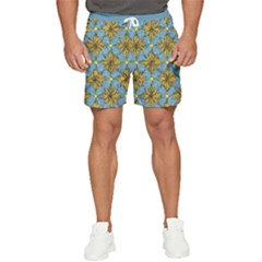 Gold Abstract Flowers Pattern At Blue Background Men s Runner Shorts by Casemiro