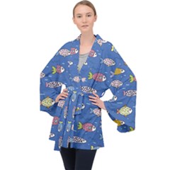 Sea Fish Blue Submarine Animal Long Sleeve Velvet Kimono  by Proyonanggan