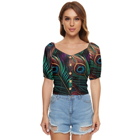 Peacock Feathers Nature Feather Pattern Button Up Blouse by pakminggu