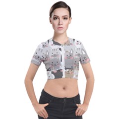 Cute Cats Seamless Pattern Short Sleeve Cropped Jacket by Bangk1t