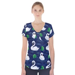 Swan Pattern Elegant Design Short Sleeve Front Detail Top by Bangk1t