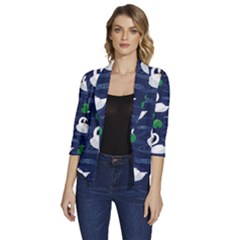 Swan Pattern Elegant Design Women s Draped Front 3/4 Sleeve Shawl Collar Jacket by Bangk1t