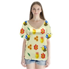Seamless Background Honey Bee Wallpaper Texture V-neck Flutter Sleeve Top by Bangk1t