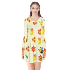 Seamless Background Honey Bee Wallpaper Texture Long Sleeve V-neck Flare Dress by Bangk1t