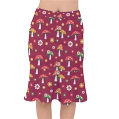 Woodland Mushroom And Daisy Seamless Pattern On Red Backgrounds Short Mermaid Skirt by Amaryn4rt