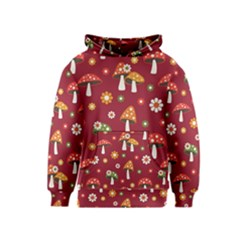 Woodland Mushroom And Daisy Seamless Pattern On Red Backgrounds Kids  Pullover Hoodie by Amaryn4rt