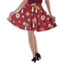 Woodland Mushroom And Daisy Seamless Pattern On Red Backgrounds A-line Skater Skirt View2