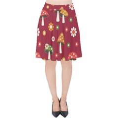 Woodland Mushroom And Daisy Seamless Pattern On Red Backgrounds Velvet High Waist Skirt by Amaryn4rt