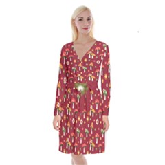 Woodland Mushroom And Daisy Seamless Pattern On Red Backgrounds Long Sleeve Velvet Front Wrap Dress by Amaryn4rt
