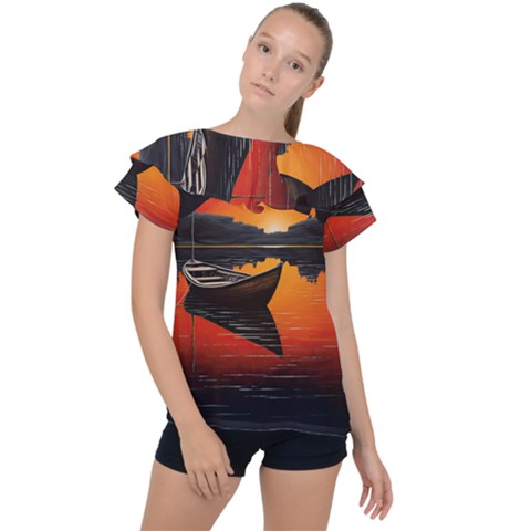 Boat Sunset Lake Water Nature Ruffle Collar Chiffon Blouse by Ravend