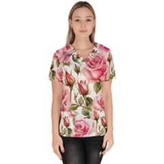 Flower Rose Pink Women s V-neck Scrub Top by Ravend