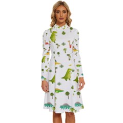 Vector Baby Dino Seamless Pattern Long Sleeve Shirt Collar A-line Dress by Grandong