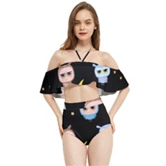 Cute-owl-doodles-with-moon-star-seamless-pattern Halter Flowy Bikini Set  by pakminggu
