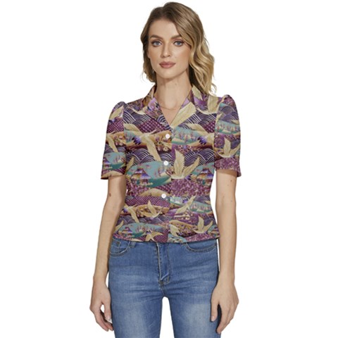Textile-fabric-cloth-pattern Puffed Short Sleeve Button Up Jacket by Bedest