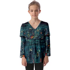 Night Black City Neon Sky Stars Moon Abstract Kids  V Neck Casual Top by Cowasu