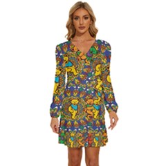 Dead Dancing Bears Grateful Dead Pattern Long Sleeve Waist Tie Ruffle Velvet Dress by Grandong