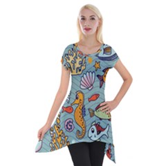 Cartoon Underwater Seamless Pattern With Crab Fish Seahorse Coral Marine Elements Short Sleeve Side Drop Tunic by Bedest
