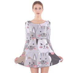 Cute Cats Seamless Pattern Long Sleeve Velvet Skater Dress by pakminggu