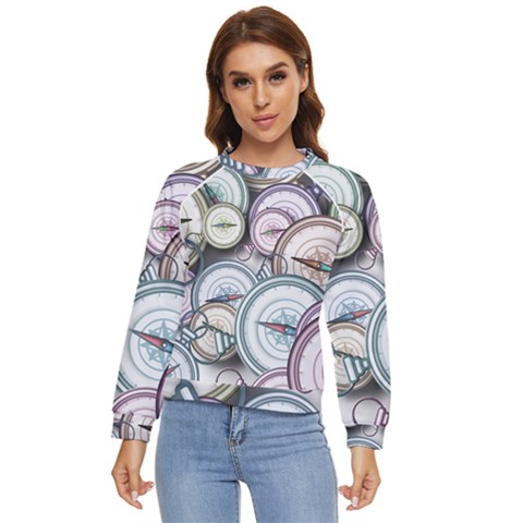Compass-direction-north-south-east Women s Long Sleeve Raglan T-shirt by Cowasu