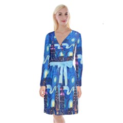 Starry Night In New York Van Gogh Manhattan Chrysler Building And Empire State Building Long Sleeve Velvet Front Wrap Dress by Sarkoni