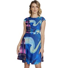 Starry Night In New York Van Gogh Manhattan Chrysler Building And Empire State Building Cap Sleeve High Waist Dress by Sarkoni