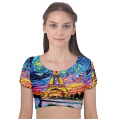 Eiffel Tower Starry Night Print Van Gogh Velvet Short Sleeve Crop Top  by Sarkoni