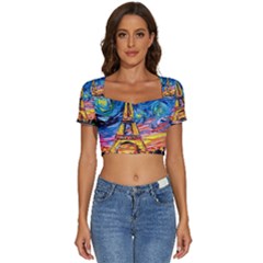 Eiffel Tower Starry Night Print Van Gogh Short Sleeve Square Neckline Crop Top  by Sarkoni