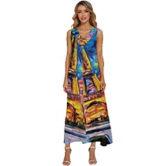 Eiffel Tower Starry Night Print Van Gogh V-neck Sleeveless Loose Fit Overalls by Sarkoni