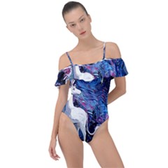 Unicorn Starry Night Print Van Gogh Frill Detail One Piece Swimsuit by Sarkoni