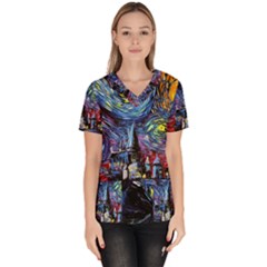 Castle Starry Night Print Van Gogh Parody Women s V-neck Scrub Top by Sarkoni