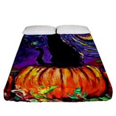 Halloween Art Starry Night Hallows Eve Black Cat Pumpkin Fitted Sheet (california King Size) by Sarkoni
