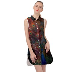 Peacock Feather Bird Sleeveless Shirt Dress by Bedest